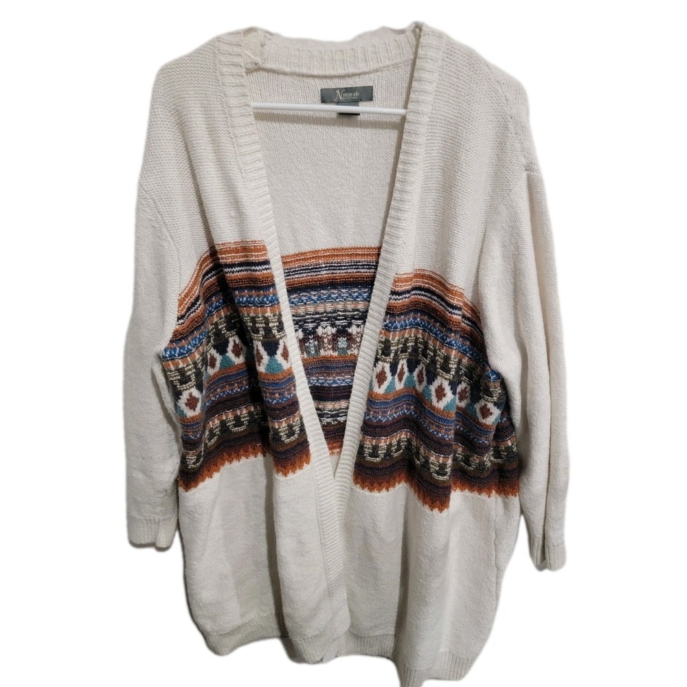 Natural Reflections Fair Isle Cardigan Sweater 1X Plus White Southwestern Boho